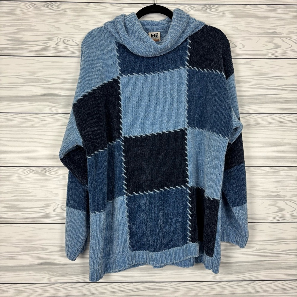 Vintage Basic Editions Women Chunky Blue Knit Patchwork Sweater Size Large/XL?